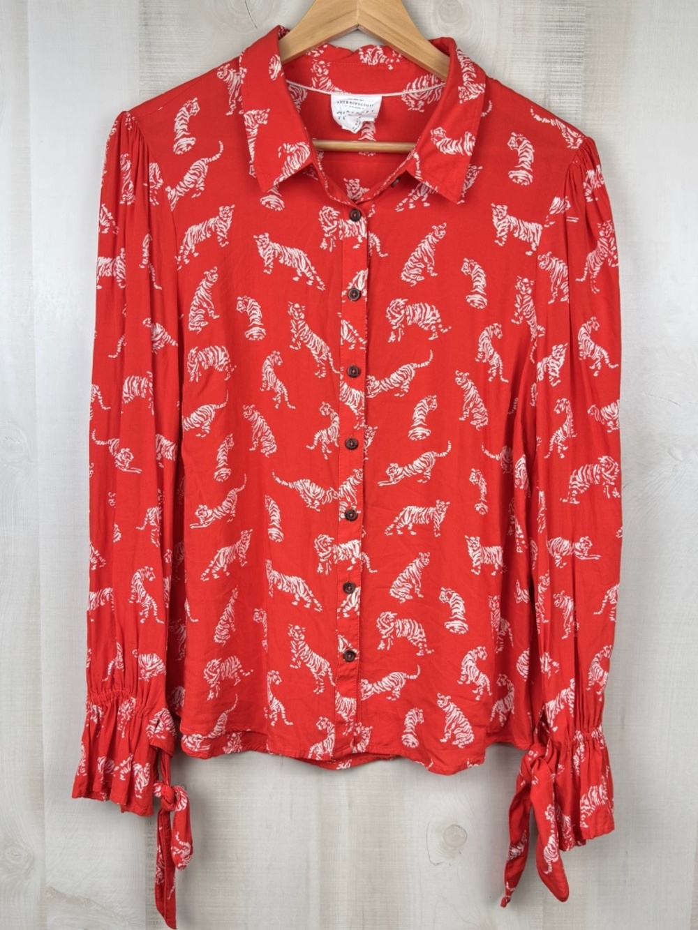 Anthropologie X Margaret Jeane Orange Tie Sleeve Tiger Print Blouse Sz 14